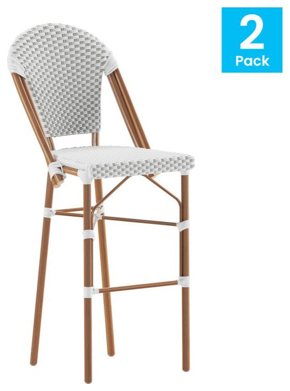Set of 2 Stackable Indoor/Outdoor French Bistro 30" Bar Stools, White & Gray/Natural Frame
