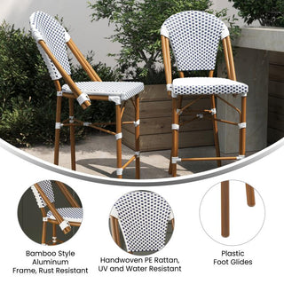 French Bistro 26" Counter Height Stackable Indoor/Outdoor Stool, White & Navy/Natural Frame
