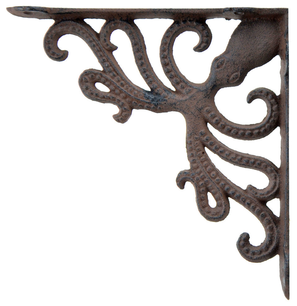 Nautical Shelf Bracket, Octopus, Rust Brown Cast Iron, 7.75" Deep