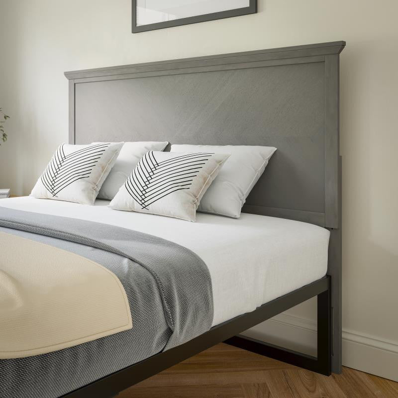 Fiona Herring Bone Wooden Adj. Headboard for Metal Bed Frames,Gray Wash-Queen