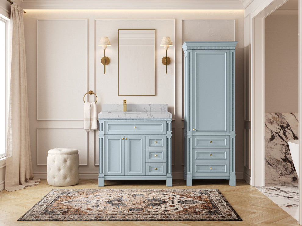Paris 36" Left Offset Bathroom Vanity, Blue Heather 2" Venatino Quartz