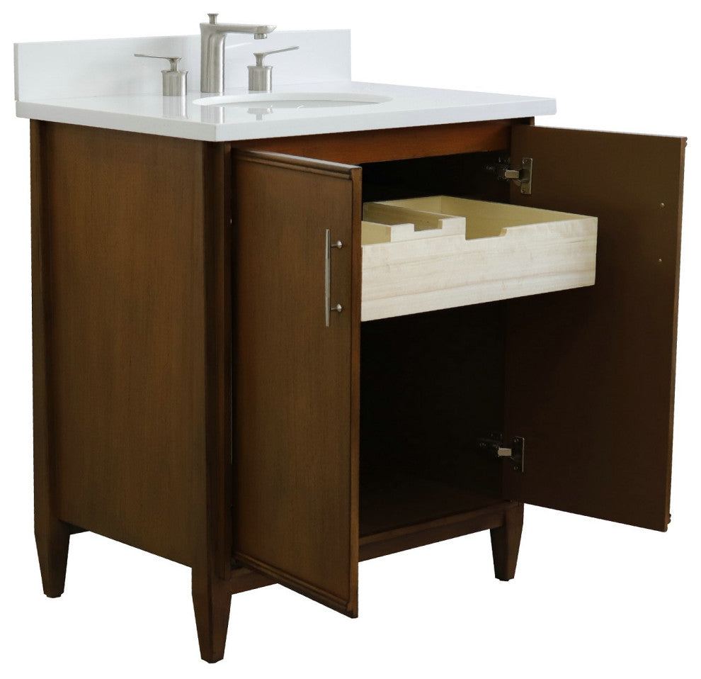 31" Single Sink Vanity, Walnut Finish, White Engineered Stone Top With Oval Sink
