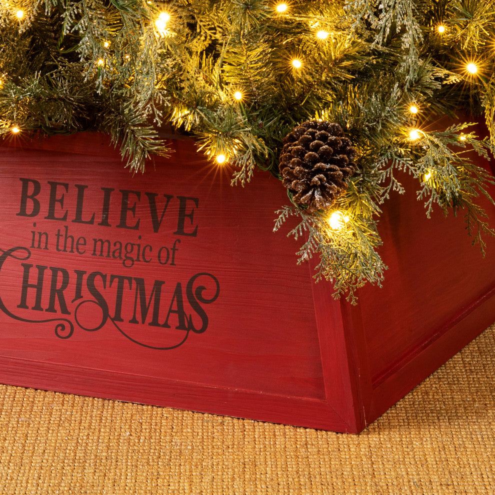 Red Trapezoid "Believe in the Magic" Christmas Tree Collar, 32"x32"