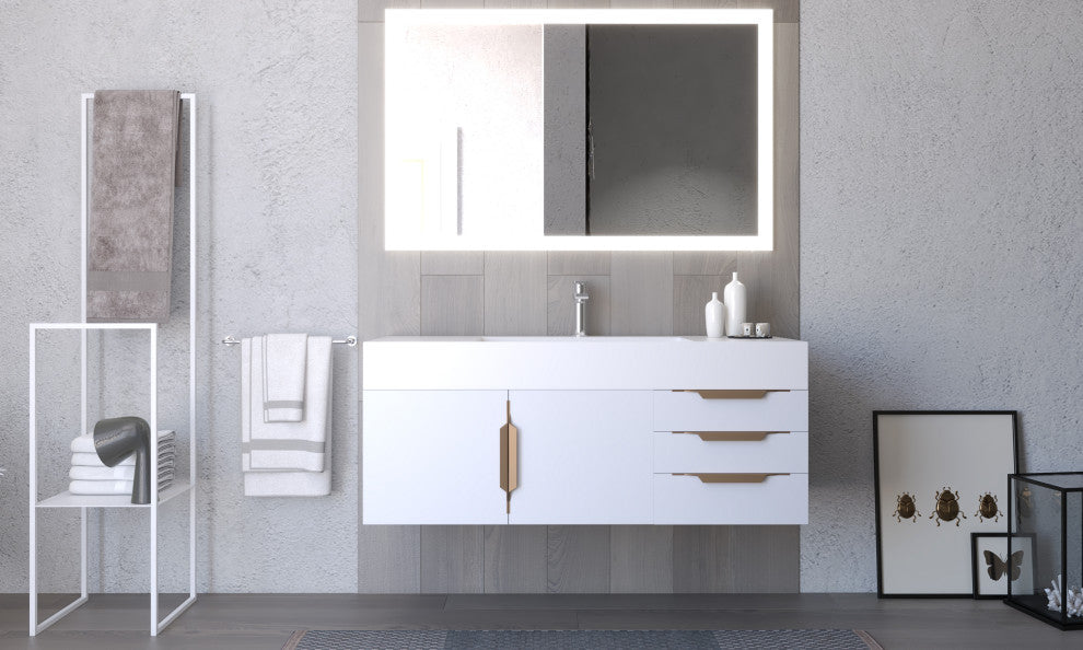 CastelloUSA Amazon 48" Wall Mounted Vanity Set, White, White Top, Gold Handles