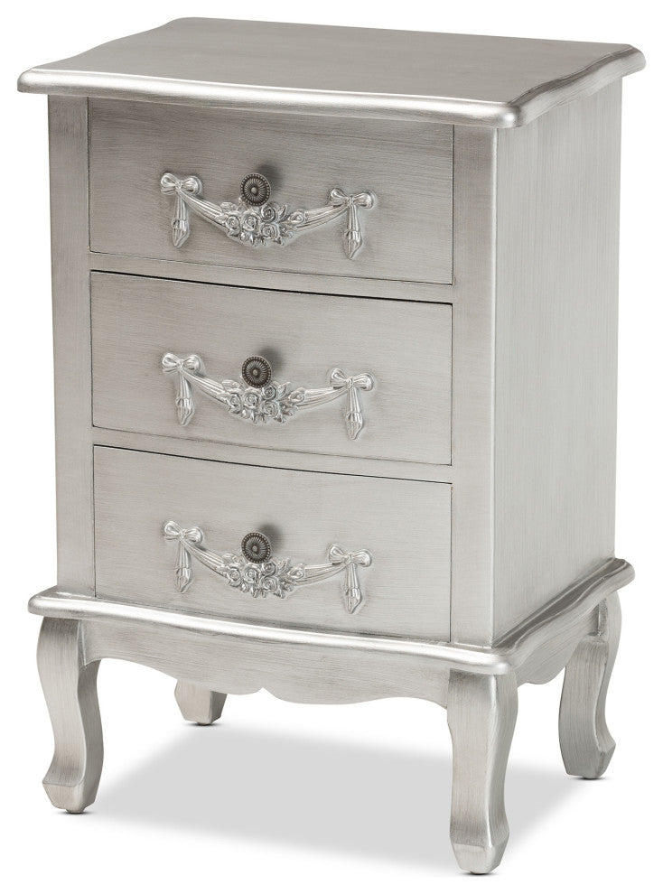 Callen Classic and Traditional Brushed Silver Finished Wood 3-Drawer Nightstand