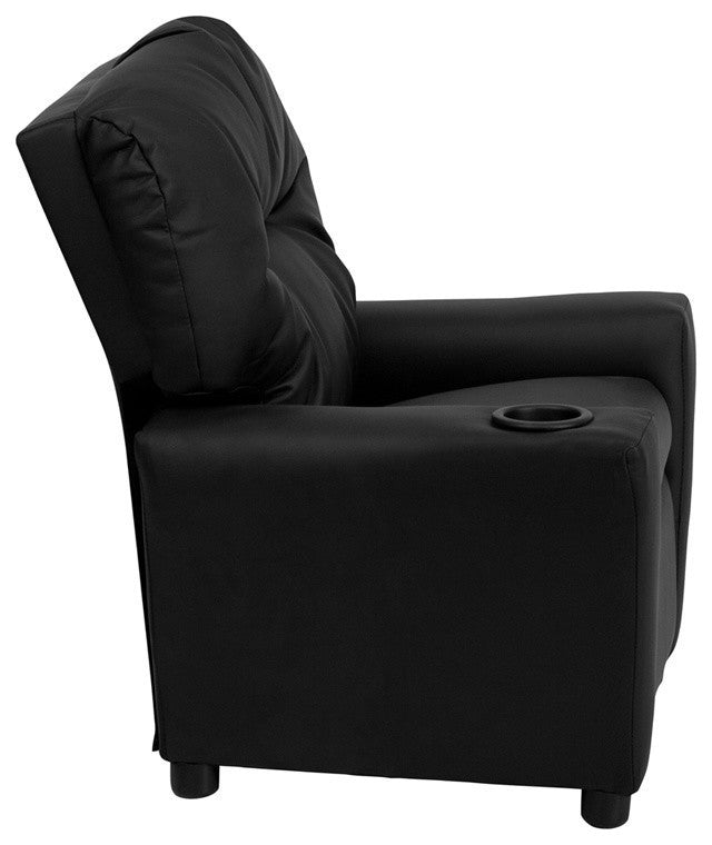 Kids Recliner With Cup Holder, Black Leather