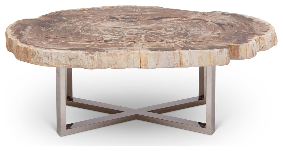 Relique Eliza Coffee Table, Polished Stainless Steel Base, Natural Light Top