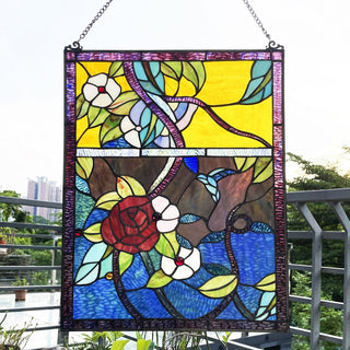 Chloe Lighting Rose Floral-Style Black Finish StainedGlass Window Panel 24" Tall
