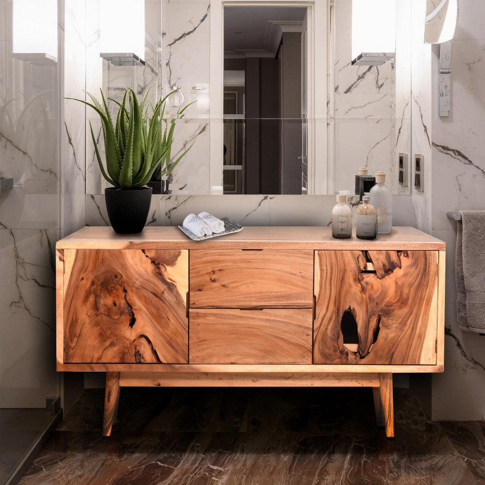 Live Edge Misun Suar Wood Bathroom Linen Cabinet With 2 Doors/2 Drawers