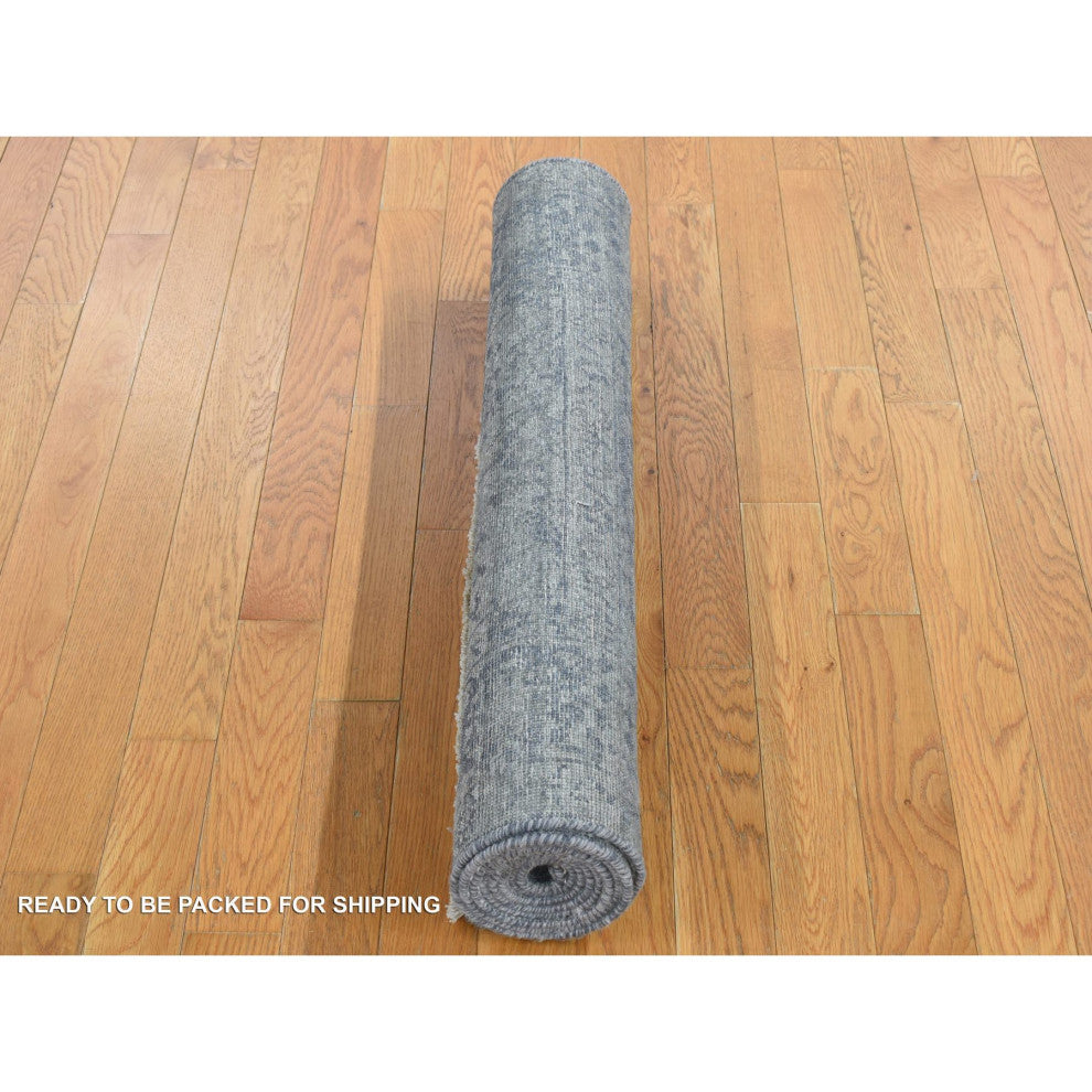 Carbon Gray, Abstract Design Wool and Silk, Hand Knotted Runner Rug, 3'1"x8'3"