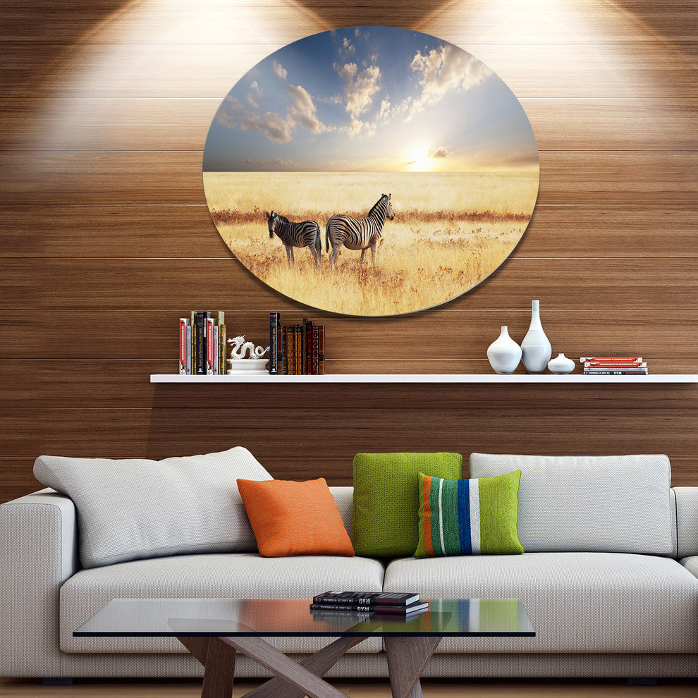 Zebras In Beautiful Grassland At Sunset, African Disc Artwork, 36"