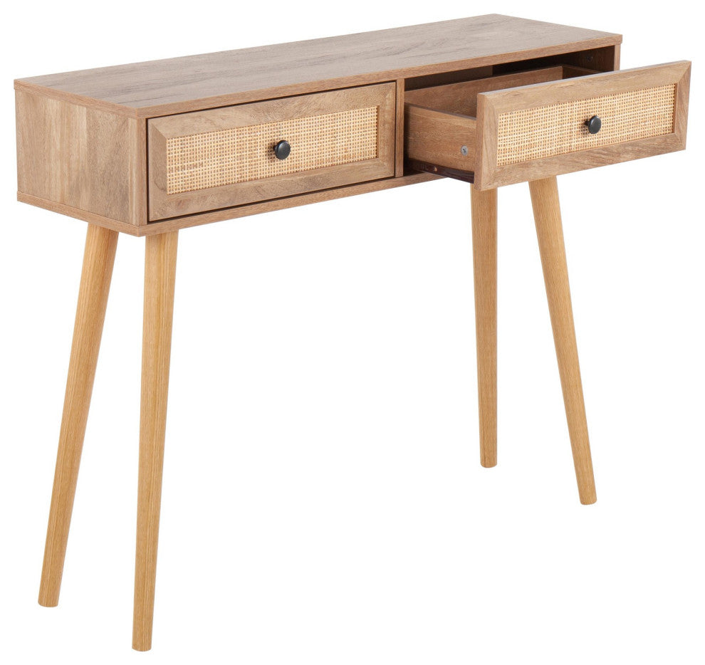 Bora Bora Contemporary Console Table, Natural Wood With Rattan Accents