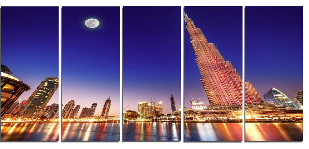 Burj Khalifa Night Landscape, Cityscape Canvas Art Print, 60"x28", 5 Panels