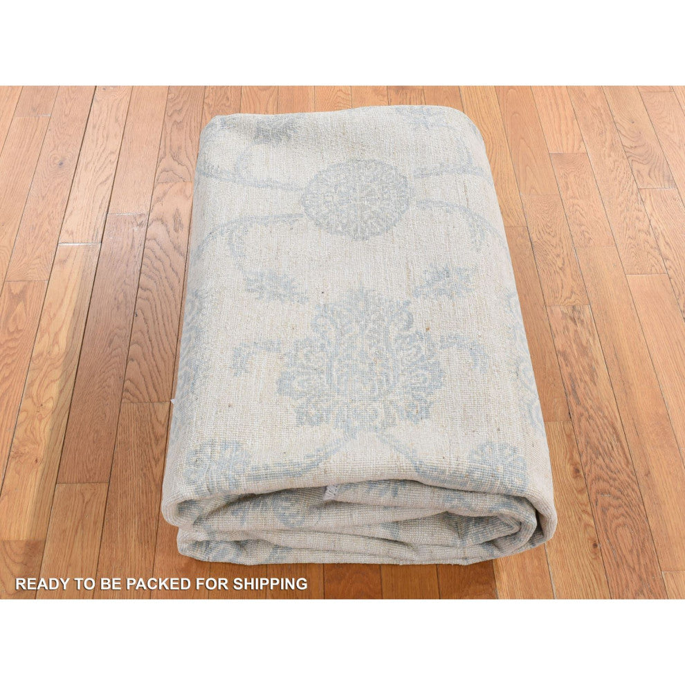 White Peshawar With Oushak Damask Design Pure Wool Hand Knotted Rug 8'x10'1"