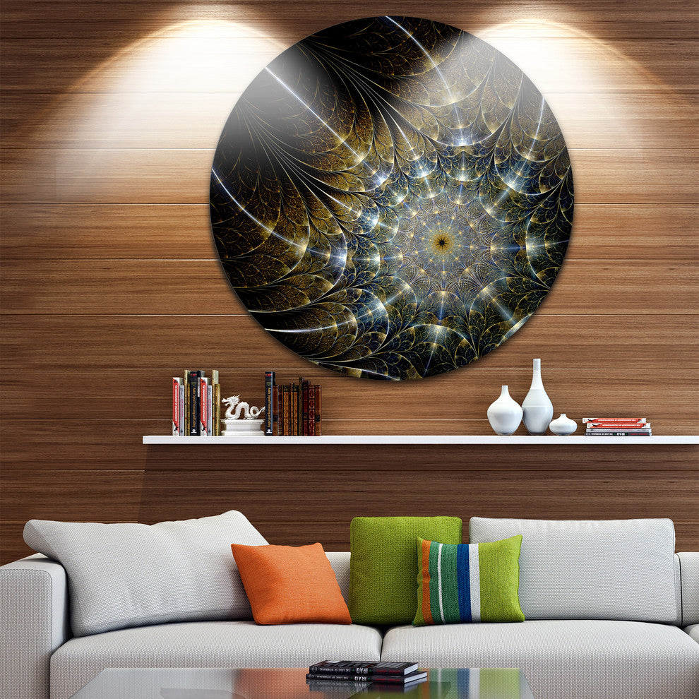 Symmetrical Brown Fractal Flower, Digital Art Round Metal Wall Art, 23"