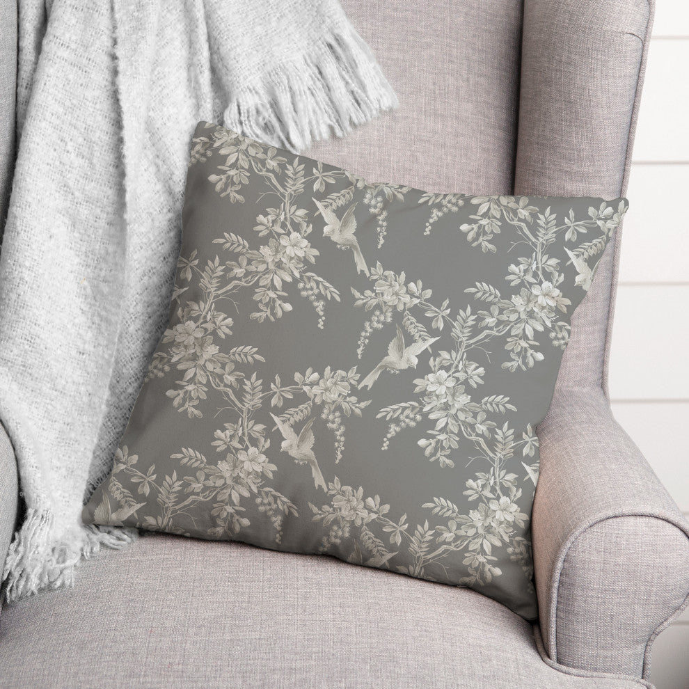 Birds Leaves Monochrome On Gray 6 20x20 Spun Poly Pillow