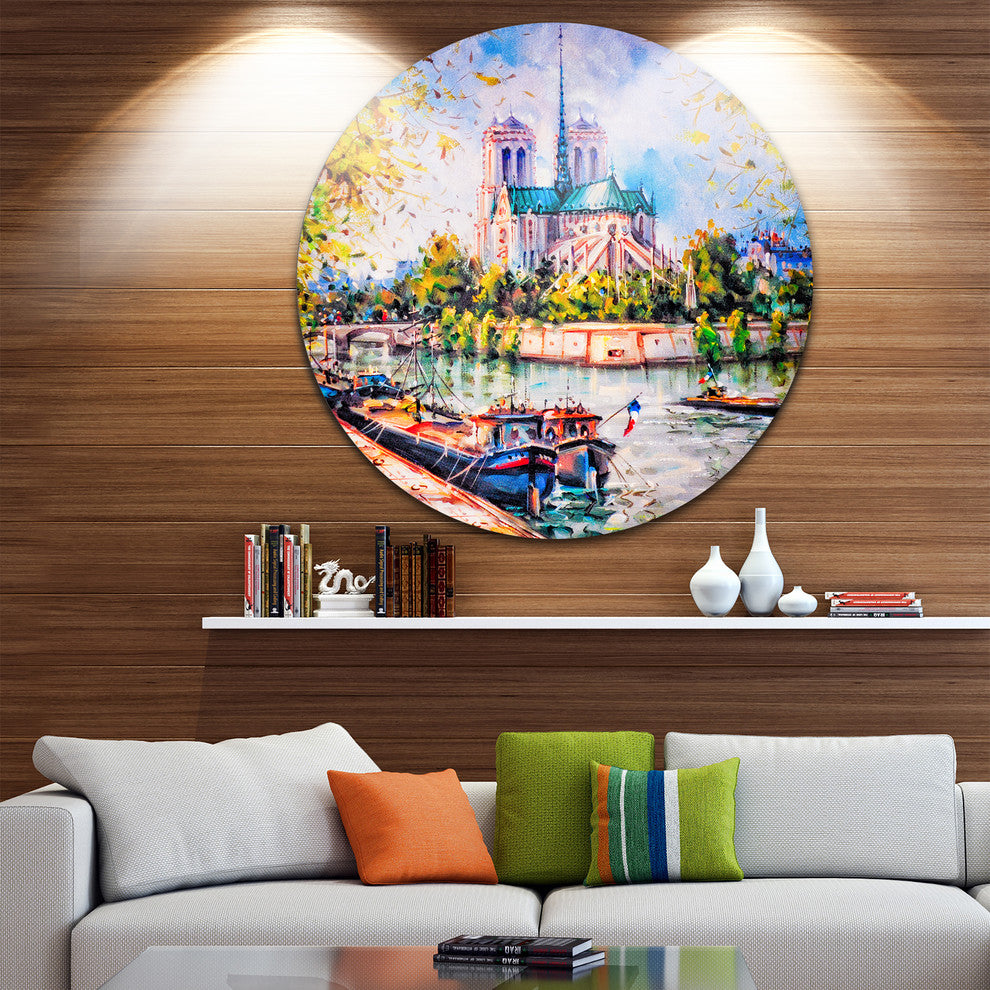 Notre Dame Paris, Landscape Round Metal Wall Art, 23"