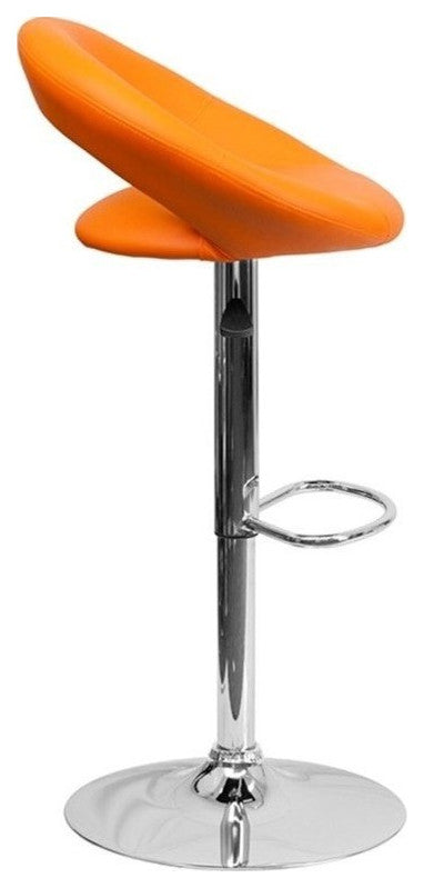 Contemporary Orange Vinyl Rounded Back Adjustable Barstool With Chrome Base
