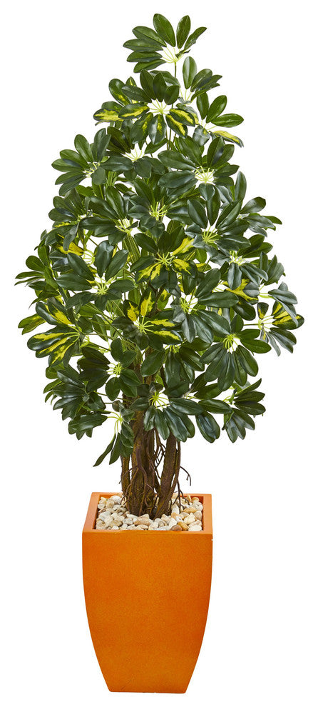 Nearly Natural 59" Schefflera Artificial Tree in Orange Planter