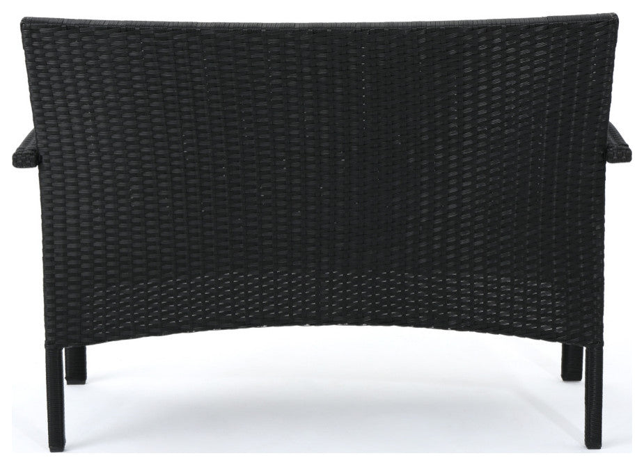 GDF Studio 4-Piece Clayton Outdoor Black Wicker Chat Set With White Cushion