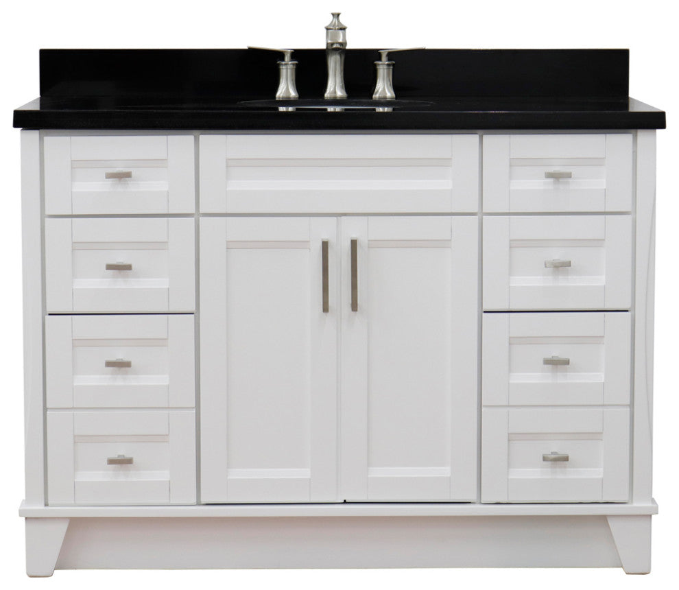 49" Single Sink Vanity, White Finish With Black Galaxy Granite And Oval Sink