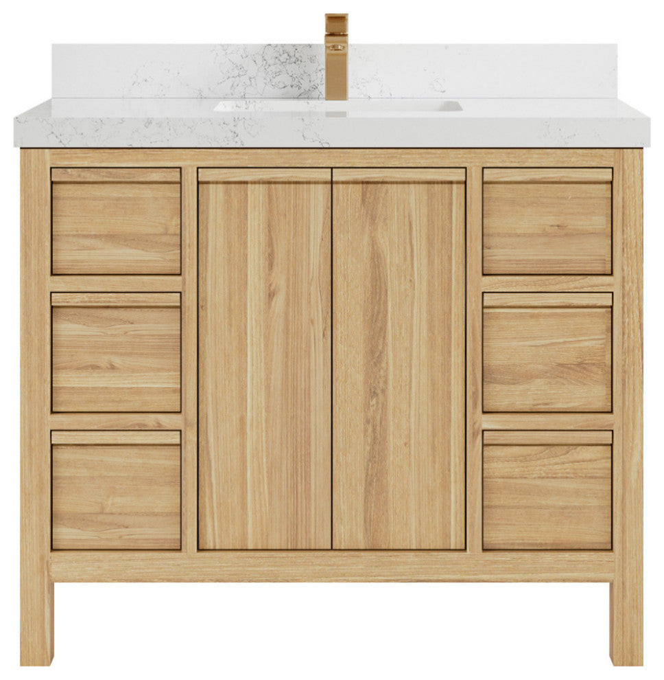 Elizabeth 42 Single Sink Bath Vanity in Light Natural Teak 2" Empira Quartz