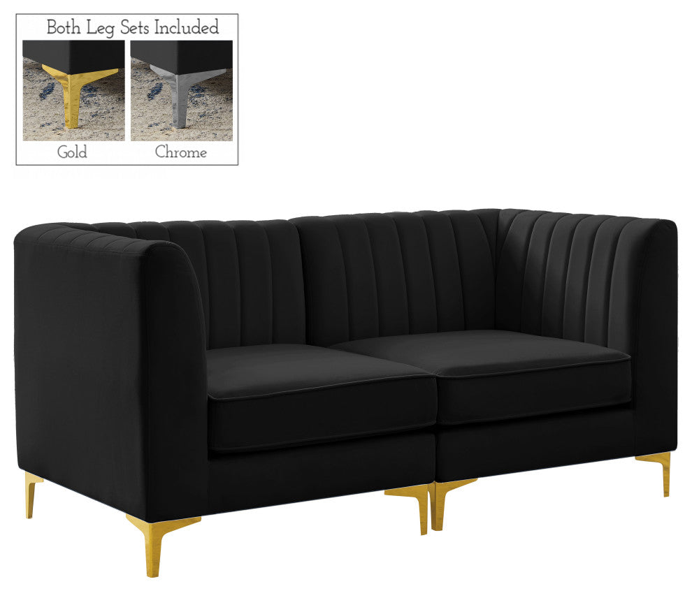 Alina Velvet Upholstered 2-Piece Modular Sofa, Black