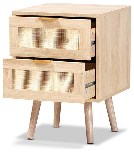 Lani Mid-Century Modern Light Oak Brown Wood and Rattan 2-Drawer Nightstand