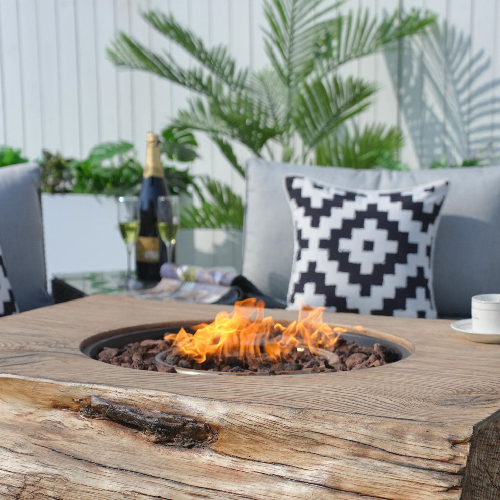 6-Piece Patio Halfmoon Shape Sectional Sofa Set With Fire Pit Table, Rectangle Firepit Table