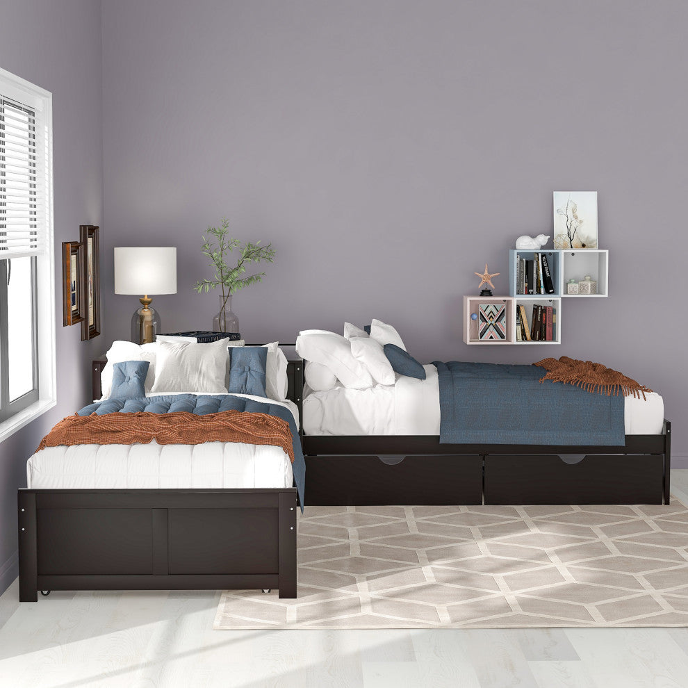 Twin Wood Frame Platform Bed with Trundle and Drawers Linked with built-in Desk,