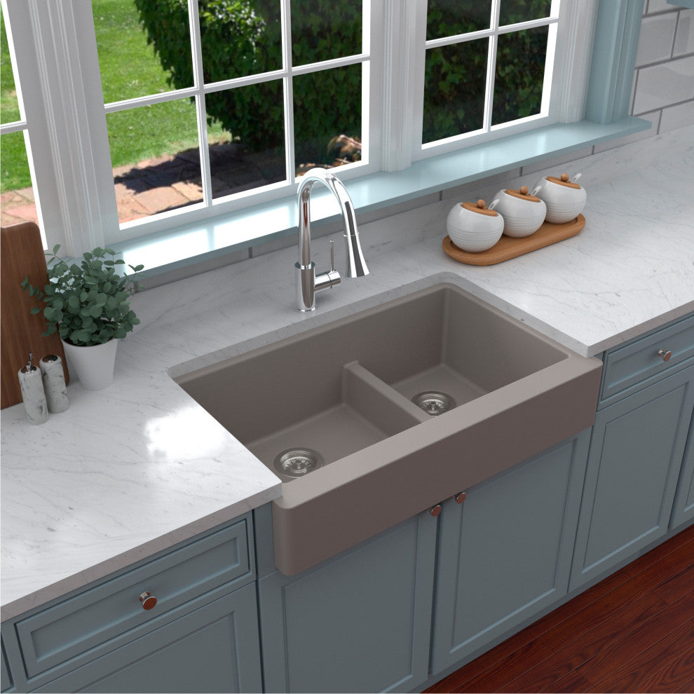 Karran Retrofit Farmhouse Quartz 34" Double Offset Bowl Sink Kit, Concrete