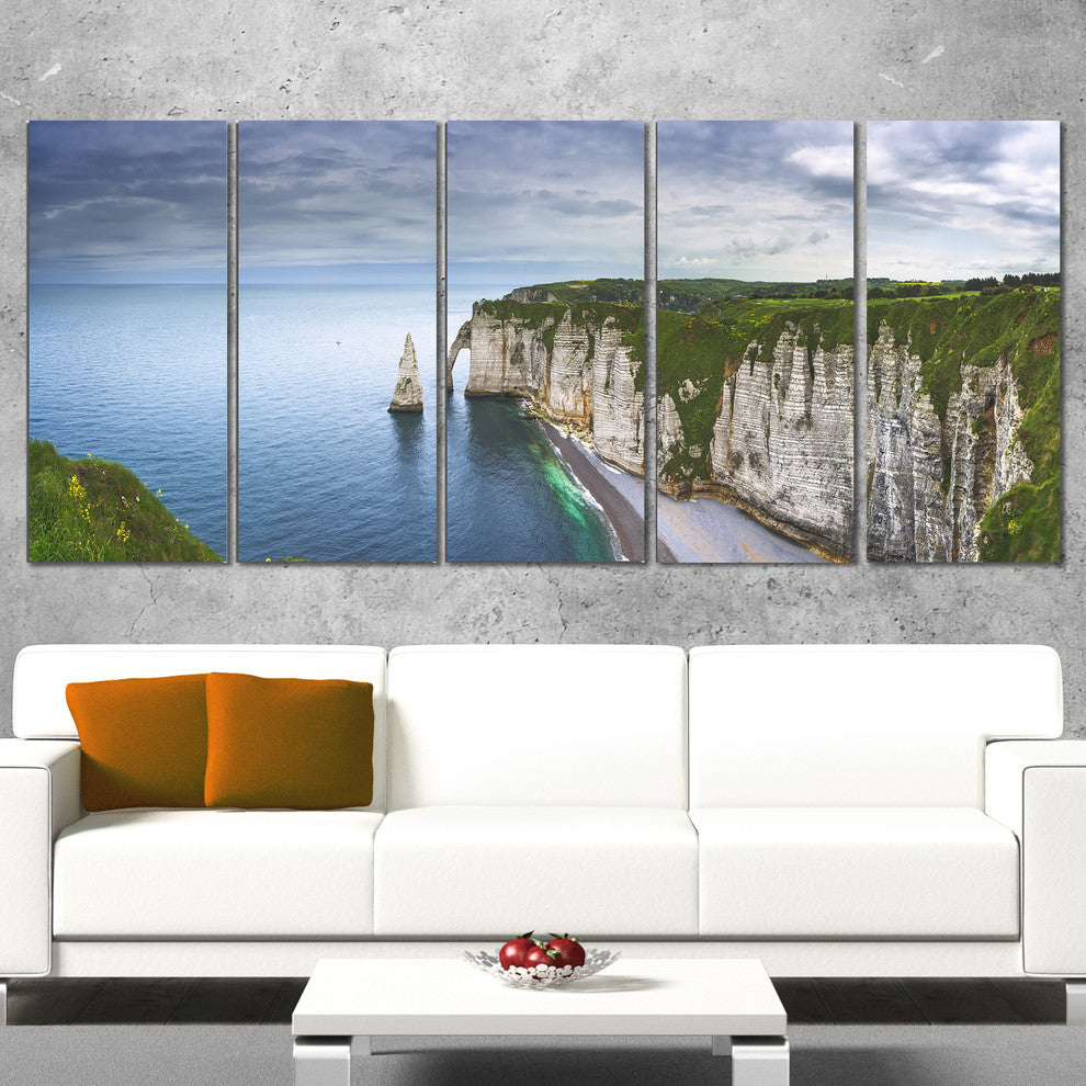 "Etretat Aval Cliff And Rocks" Oversized Beach Canvas Artwork, 5 Panels, 60"x28"