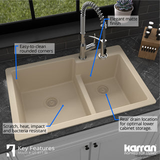Karran 33" Top Mount Double Bowl 60/40 Quartz Kitchen Sink Kit, Bisque