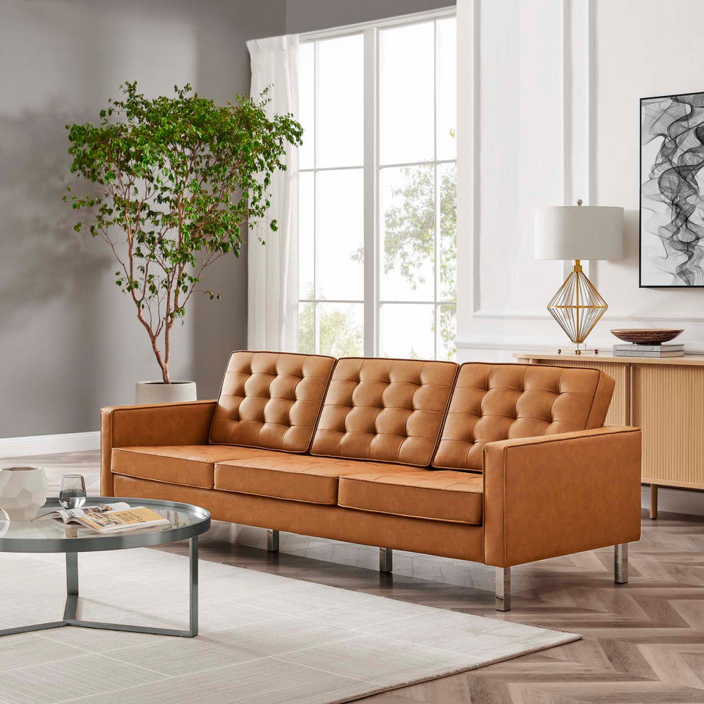 Modern Designer Lounge Sofa, Faux Vinyl Leather Metal Steel, Tan Brown