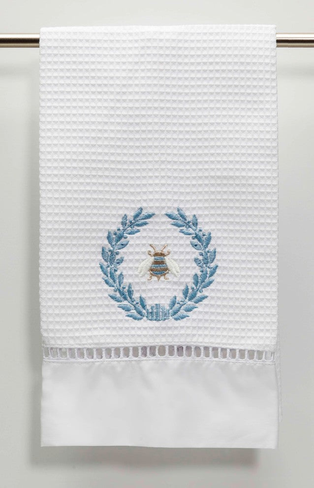 Waffle Weave Guest Towel, Napoleon Bee Wreath Duck Egg Blue