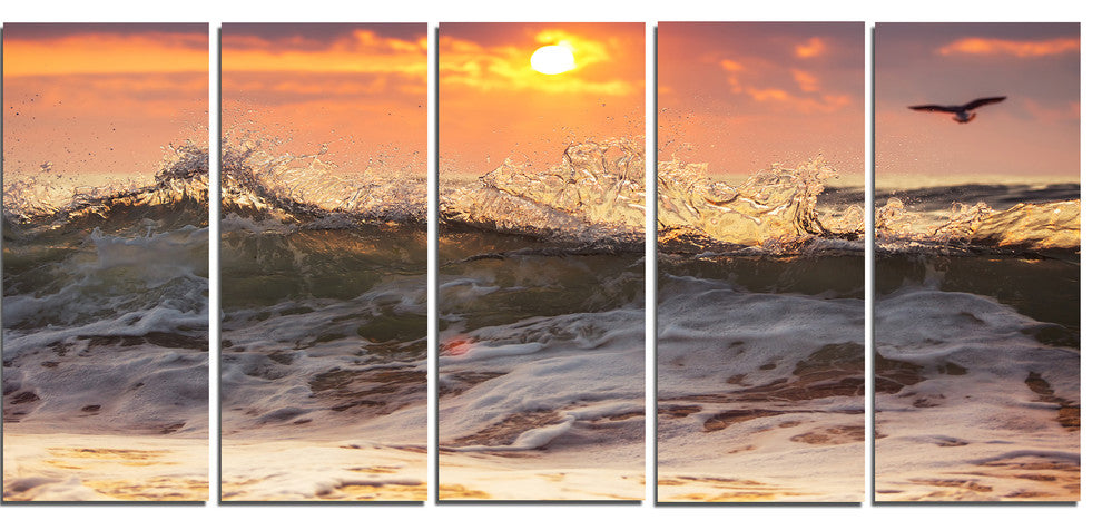 "Sunrise And Roaring Ocean Waves" Seashore Canvas Wall Art, 5 Panels, 60"x28"
