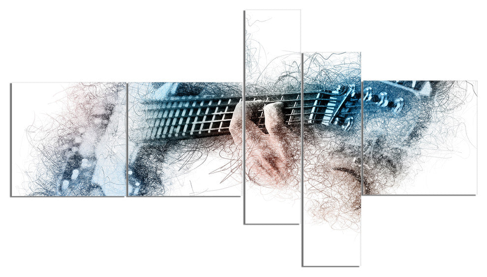 Man Playing A Guitar Watercolor, Abstract Canvas Print, 60"x32", 5 panels
