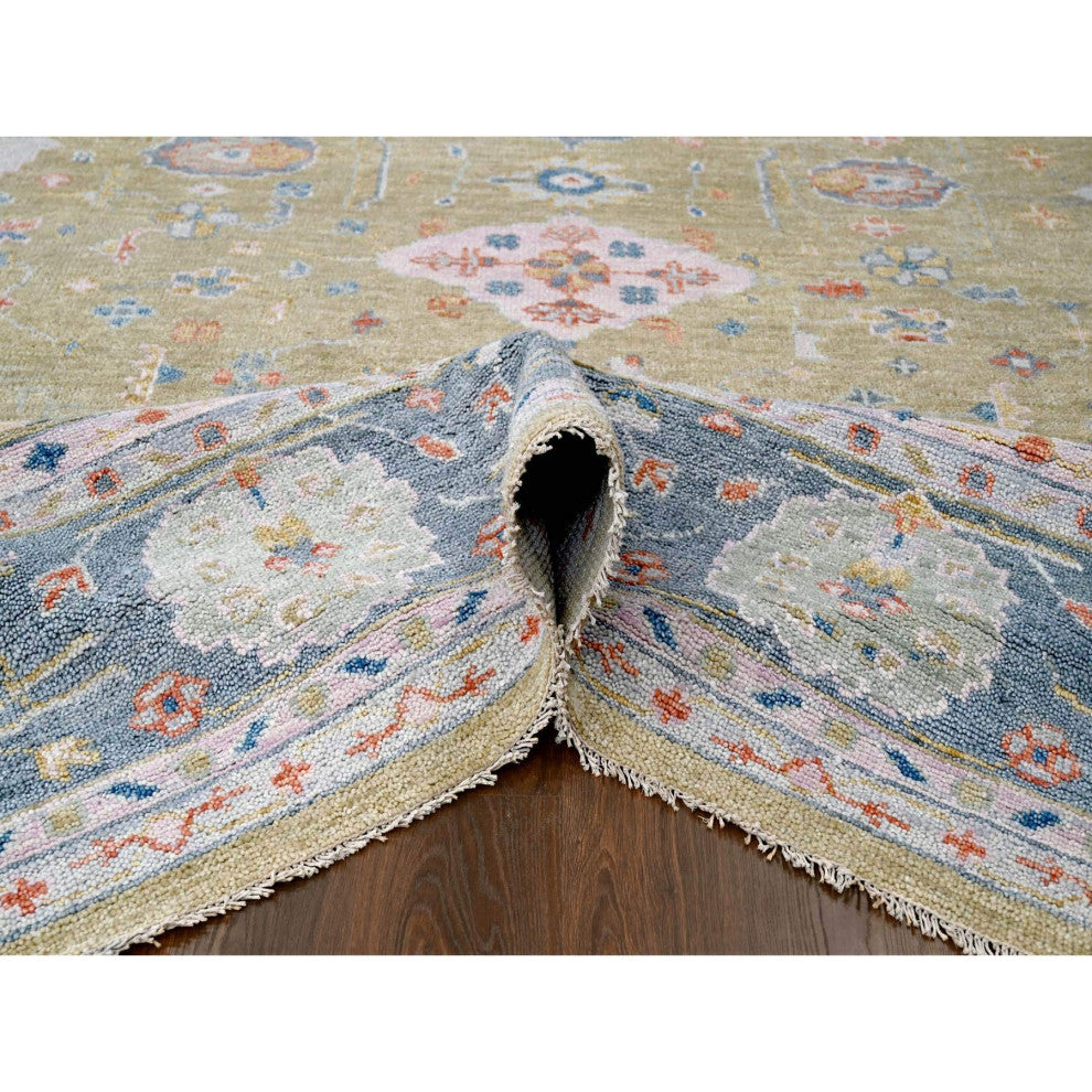 Moss Green Hand Knotted Oushak Supple Organic Wool Oversized Rug 11'11"x14'10"