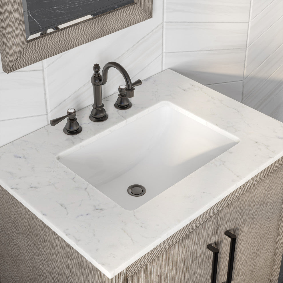 Hugo Carrara White Marble Countertop Bathroom Vanity in Grey Oak, Bronze Handle, 30", Vanity With Hook Faucet