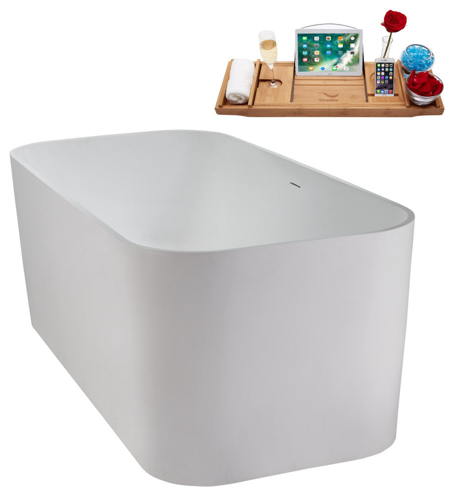 59" Streamline NS5780CH Matte White Stone Resin Bathtub, Tray With Chrome Drain