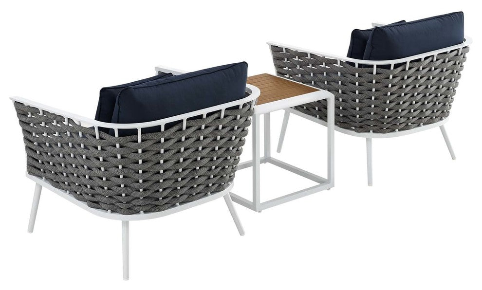Stance 3 Piece Outdoor Patio Aluminum Sectional Sofa Set, White Navy