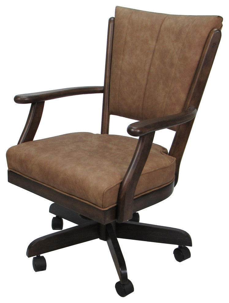 Caster Swivel Dining Chair on Wheels, Solid Wood, Pecan Brown Vinyl Walnut