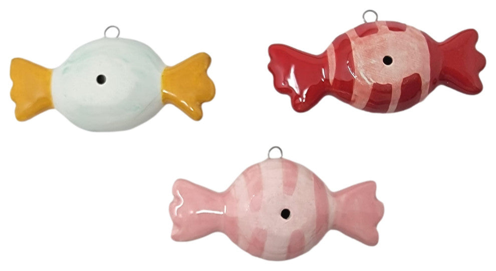 Set of 3 Striped Ceramic Candy Ornaments Bonbon Old Fashioned Vintage Style, Red Swirl/Blue/Pink