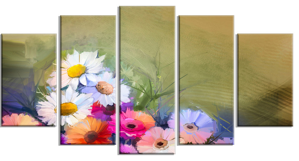 White Sunflower and Gerbera Flowers, Floral Canvas Art Print, 60"x32", 5 Panels