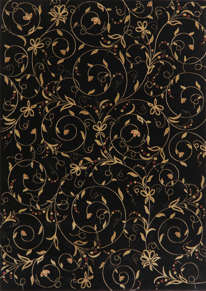 Modern Nature & Floral Carpet Transitional Turkish Area Rug, Black, 8x11