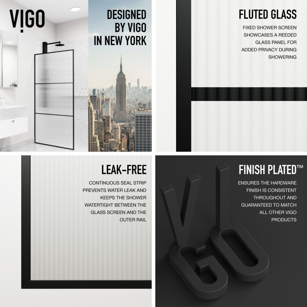VIGO Divide 34" W x 74" H Framed Fixed Shower Screen, Matte Black, Fluted Glass