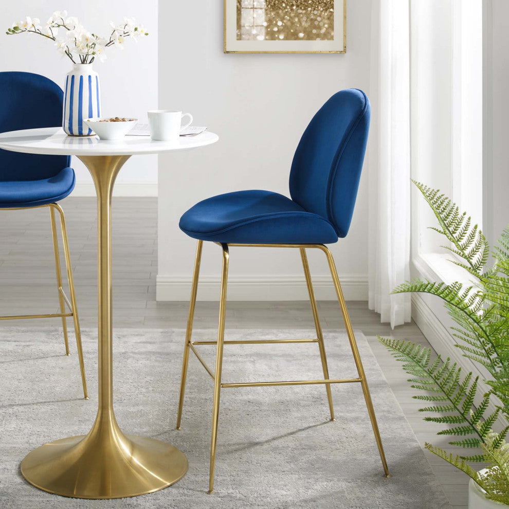 Contemporary Bar Pub and Dining Bar Stool Chair, Velvet Metal Steel, Navy Blue