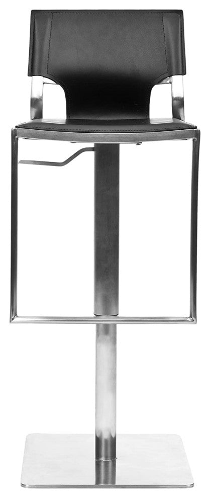 Modern Bar Stool, Stainless Steel Base With Footrest & Black Bonded Leather Seat