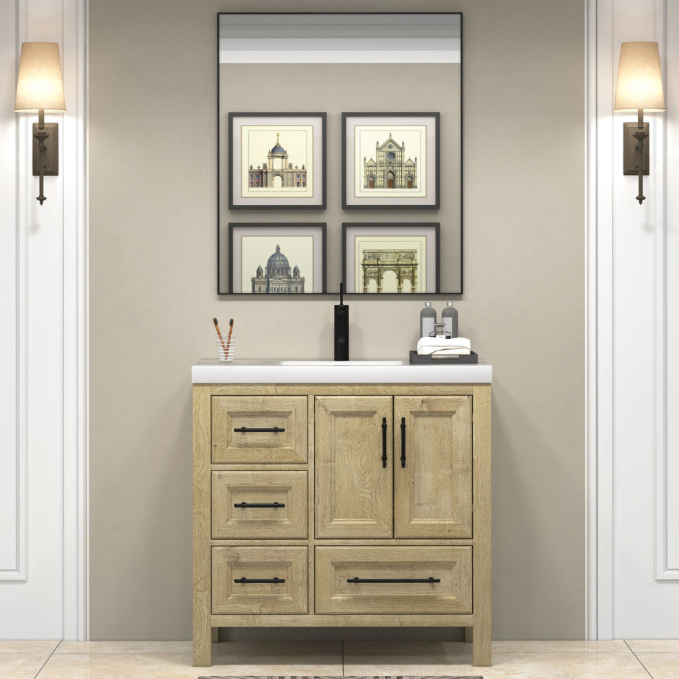 VIV 36" Solid Wood Freestanding Bathroom Vanity, Left Side Drawers, Oak
