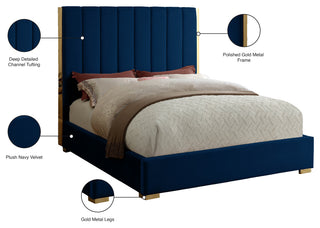 Becca Velvet Upholstered Bed, Navy, Full